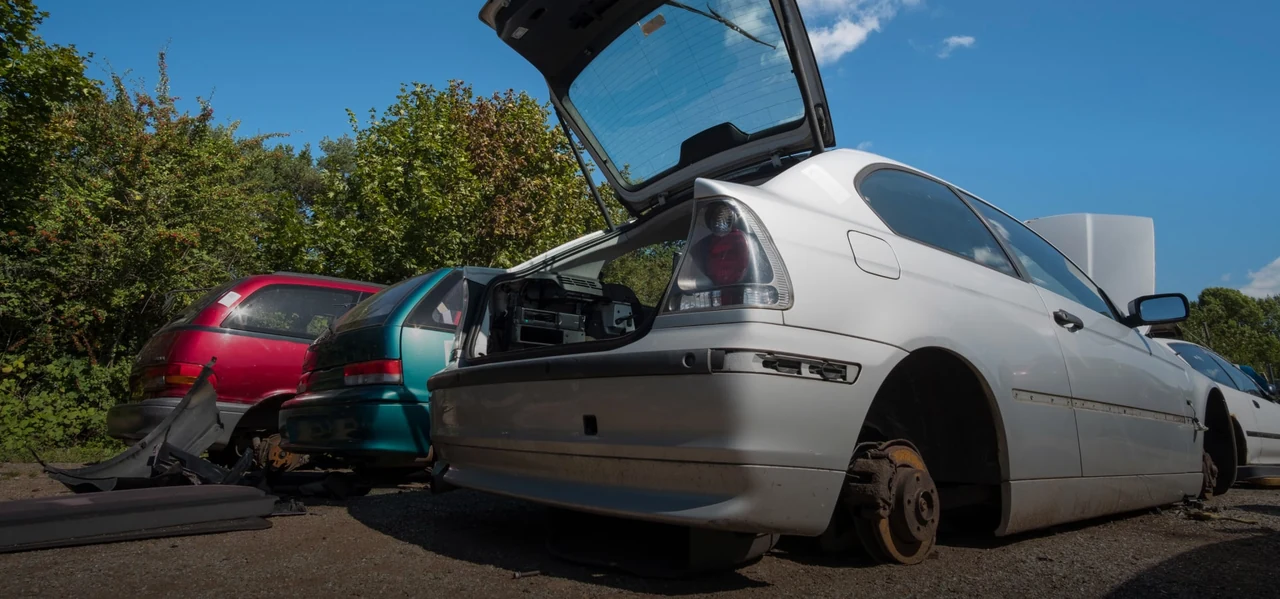 Junk cars with open trunks waiting for removal
