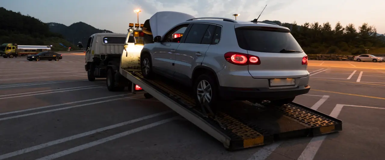Flatbed tow truck loading an SUV at dusk