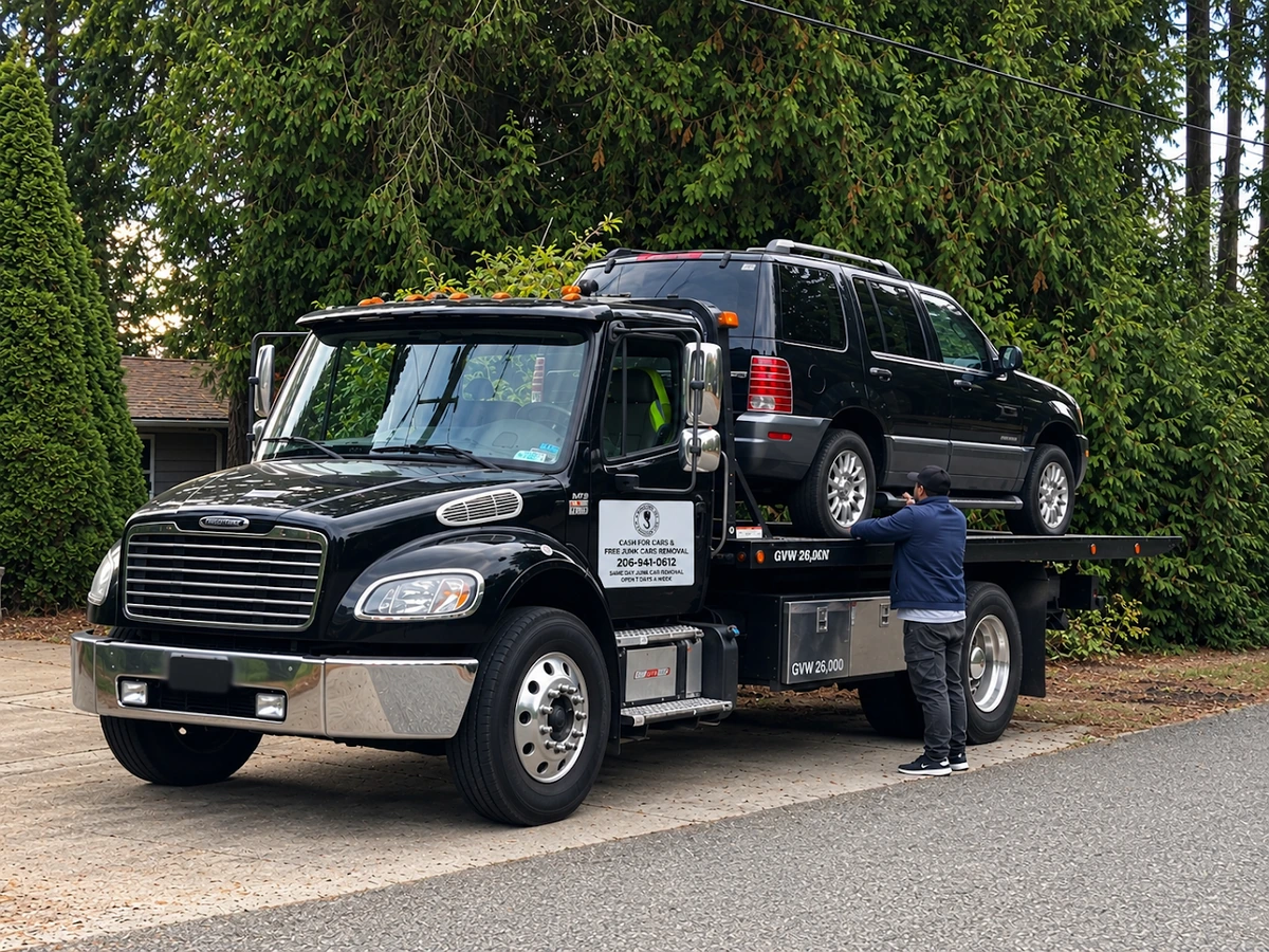 Black flatbed tow truck loading a dark SUV in a driveway